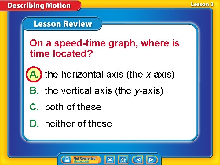 On a speed-time graph, where is time located? A. the horizontal axis (the x-axis)
