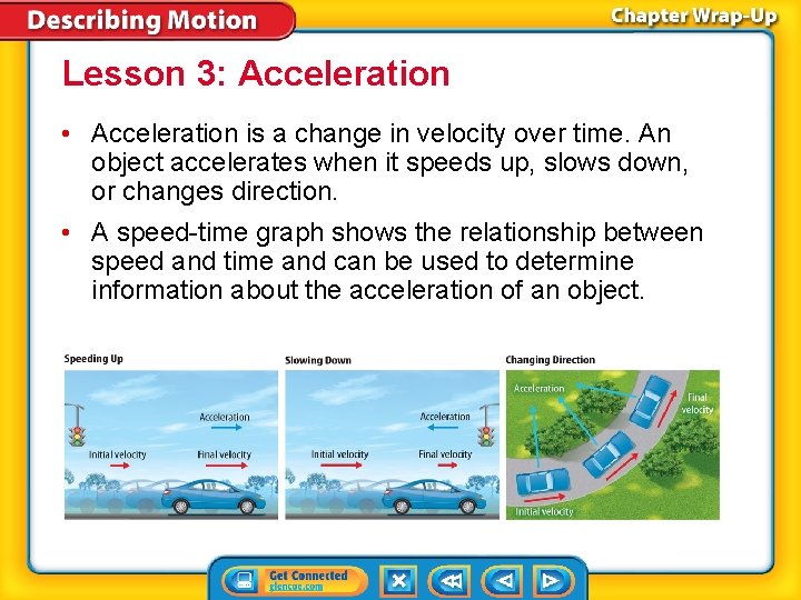 Lesson 3: Acceleration • Acceleration is a change in velocity over time. An object