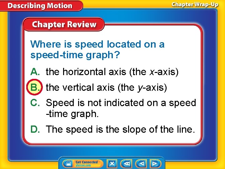 Where is speed located on a speed-time graph? A. the horizontal axis (the x-axis)