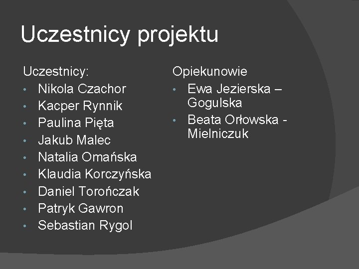 Uczestnicy projektu Uczestnicy: • Nikola Czachor • Kacper Rynnik • Paulina Pięta • Jakub