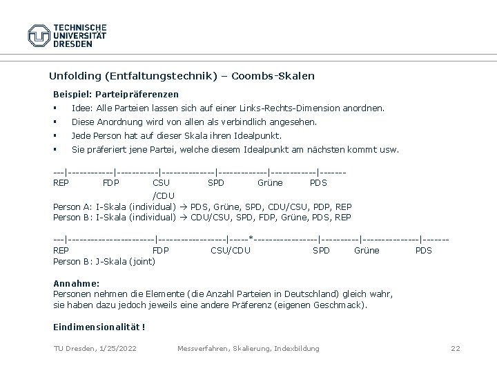 Unfolding (Entfaltungstechnik) – Coombs-Skalen Beispiel: Parteipräferenzen § Idee: Alle Parteien lassen sich auf einer