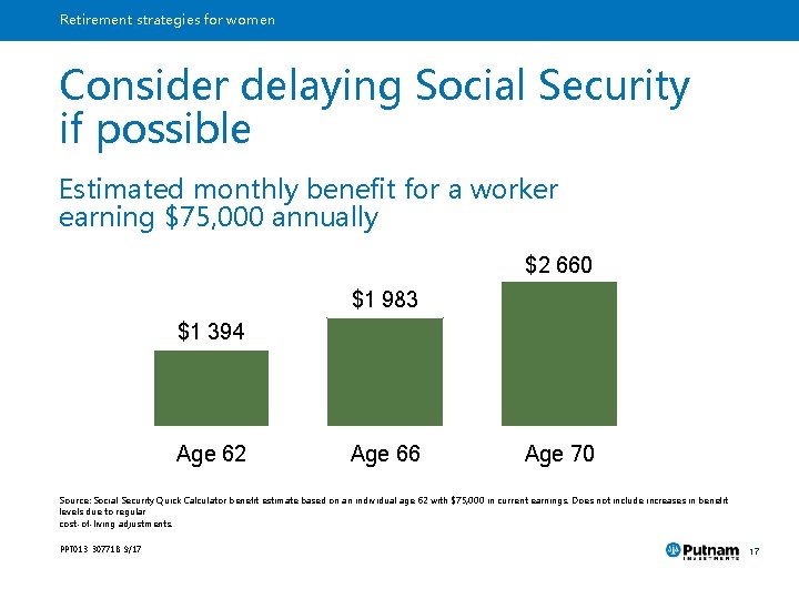 Retirement strategies for women Consider delaying Social Security if possible Estimated monthly benefit for
