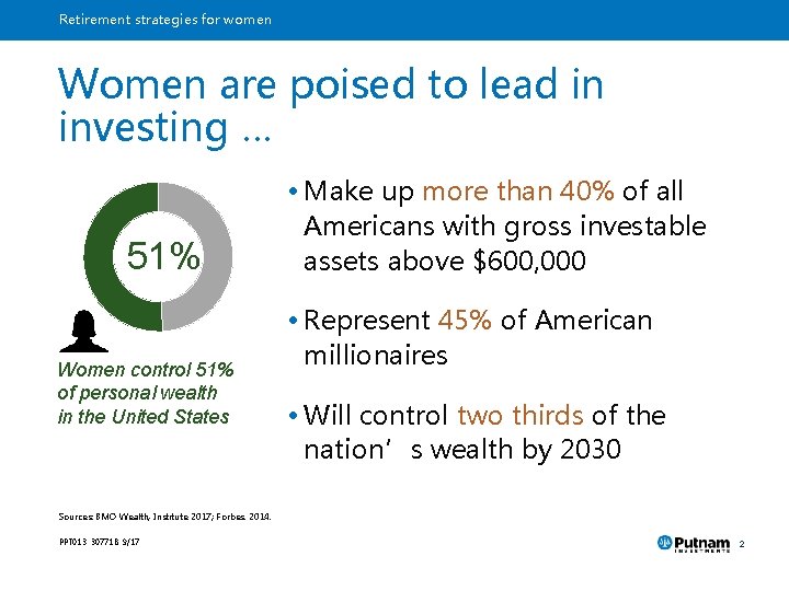 Retirement strategies for women Women are poised to lead in investing … 51% Women