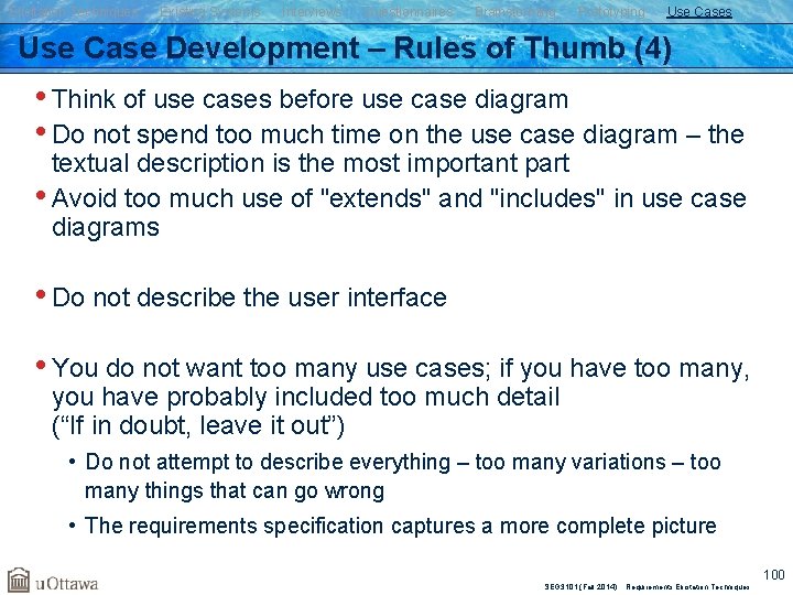 Elicitation Techniques Existing Systems Interviews Questionnaires Brainstorming Prototyping Use Cases Use Case Development –