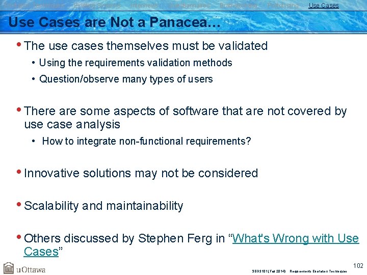 Elicitation Techniques Existing Systems Interviews Questionnaires Brainstorming Prototyping Use Cases are Not a Panacea…