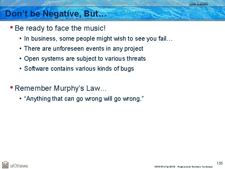 Elicitation Techniques Existing Systems Interviews Questionnaires Brainstorming Prototyping Use Cases Don’t be Negative, But…