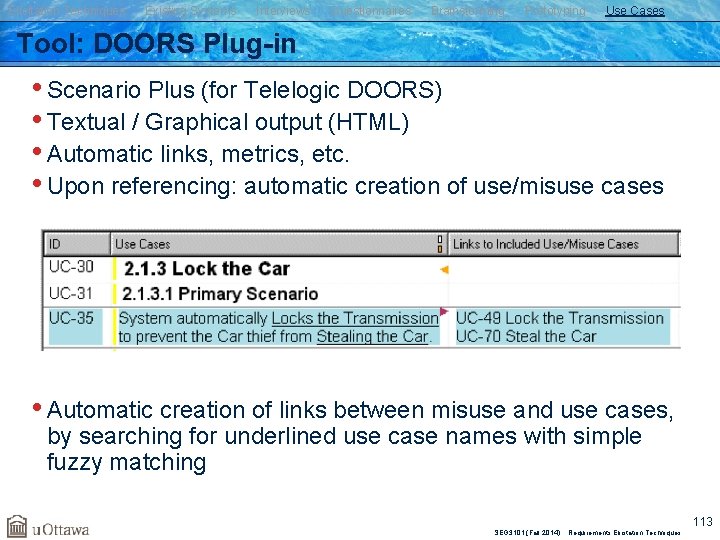 Elicitation Techniques Existing Systems Interviews Questionnaires Brainstorming Prototyping Use Cases Tool: DOORS Plug-in •