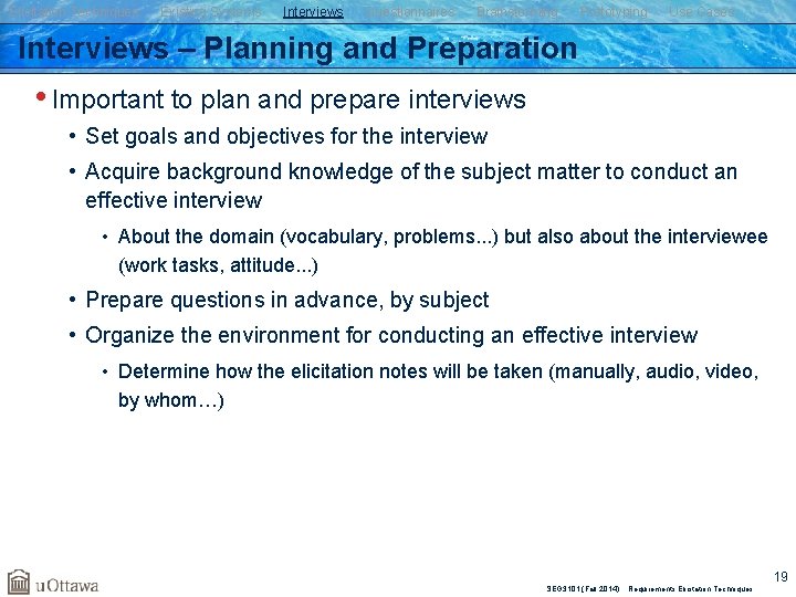 Elicitation Techniques Existing Systems Interviews Questionnaires Brainstorming Prototyping Use Cases Interviews – Planning and