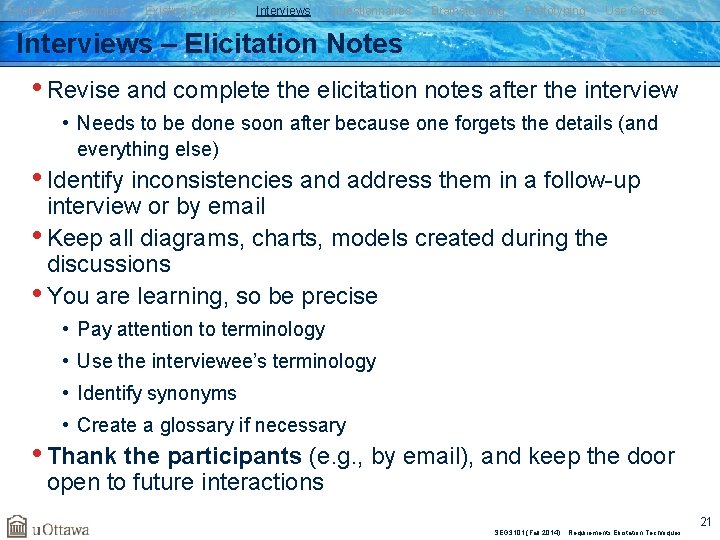Elicitation Techniques Existing Systems Interviews Questionnaires Brainstorming Prototyping Use Cases Interviews – Elicitation Notes
