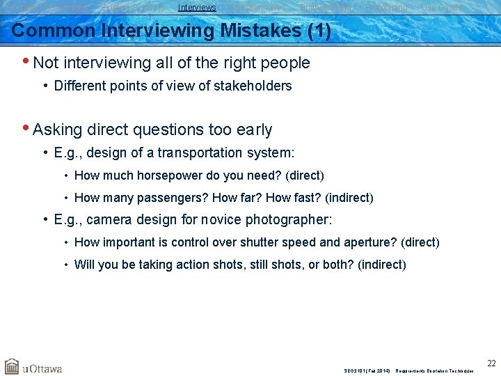 Elicitation Techniques Existing Systems Interviews Questionnaires Brainstorming Prototyping Use Cases Common Interviewing Mistakes (1)