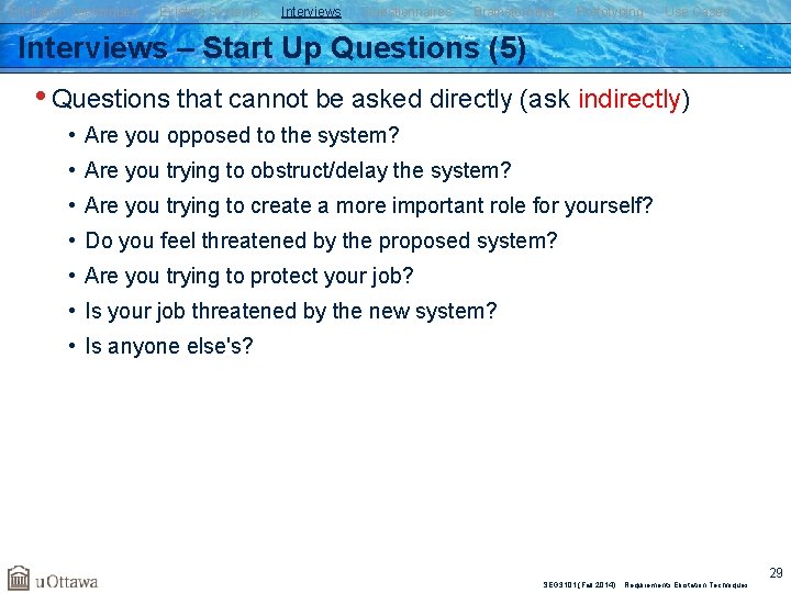 Elicitation Techniques Existing Systems Interviews Questionnaires Brainstorming Prototyping Use Cases Interviews – Start Up