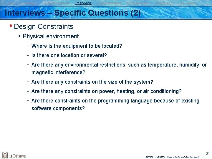 Elicitation Techniques Existing Systems Interviews Questionnaires Brainstorming Prototyping Use Cases Interviews – Specific Questions