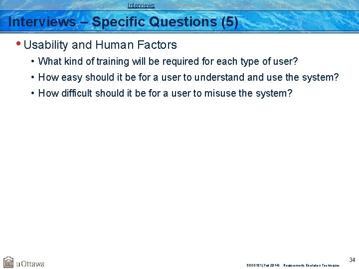 Elicitation Techniques Existing Systems Interviews Questionnaires Brainstorming Prototyping Use Cases Interviews – Specific Questions