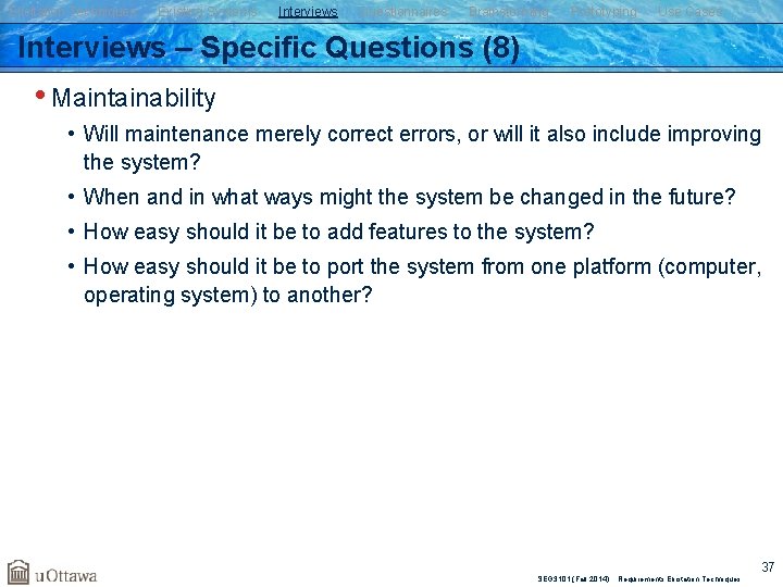 Elicitation Techniques Existing Systems Interviews Questionnaires Brainstorming Prototyping Use Cases Interviews – Specific Questions