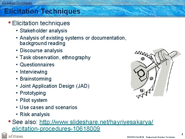 Elicitation Techniques Existing Systems Interviews Questionnaires Brainstorming Prototyping Use Cases Elicitation Techniques • Elicitation