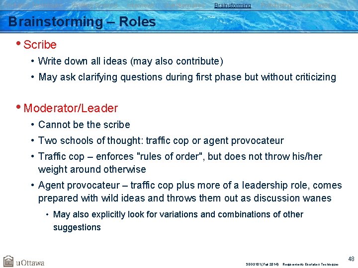 Elicitation Techniques Existing Systems Interviews Questionnaires Brainstorming Prototyping Use Cases Brainstorming – Roles •