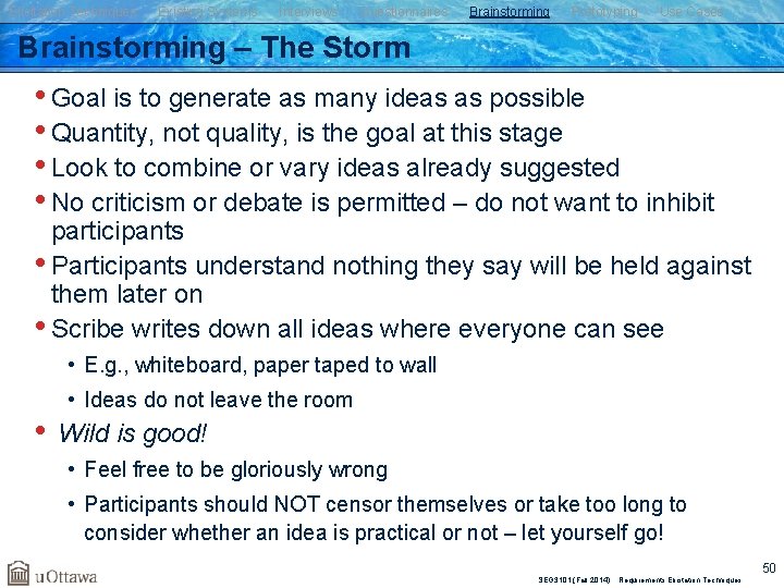 Elicitation Techniques Existing Systems Interviews Questionnaires Brainstorming Prototyping Use Cases Brainstorming – The Storm