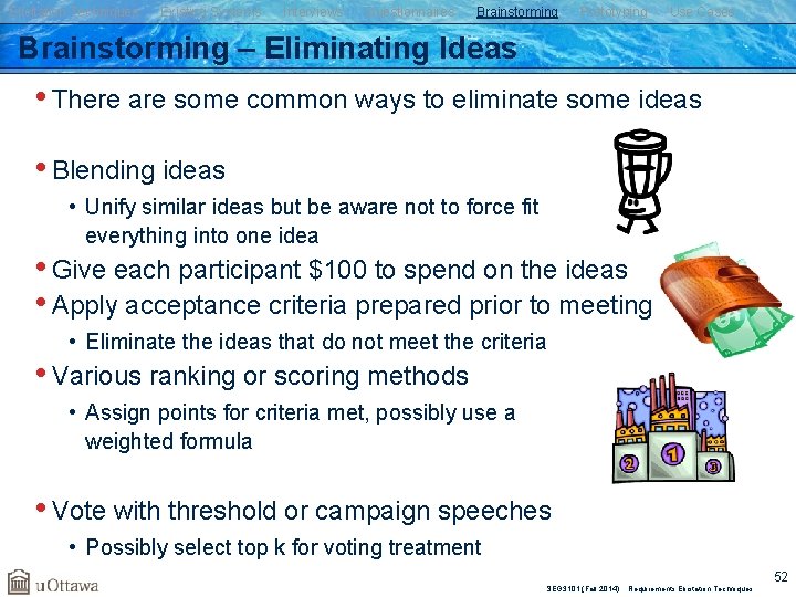 Elicitation Techniques Existing Systems Interviews Questionnaires Brainstorming Prototyping Use Cases Brainstorming – Eliminating Ideas