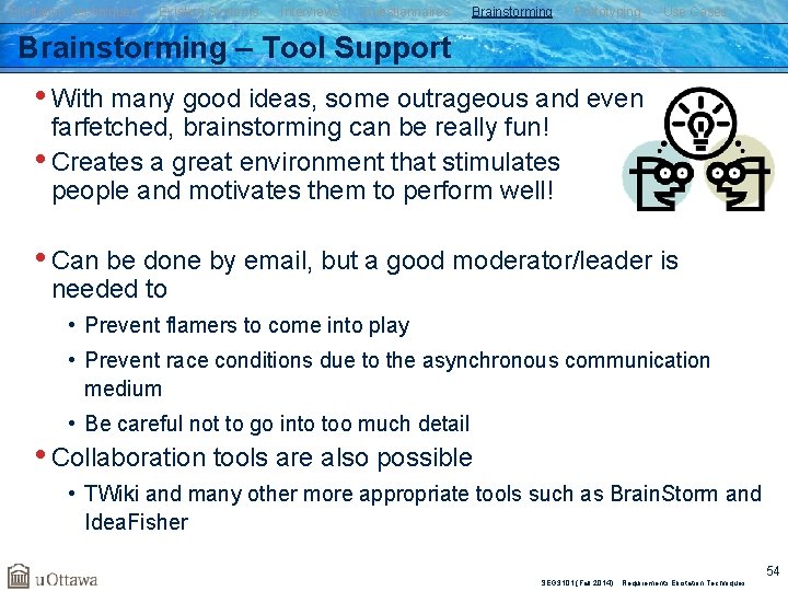 Elicitation Techniques Existing Systems Interviews Questionnaires Brainstorming Prototyping Use Cases Brainstorming – Tool Support