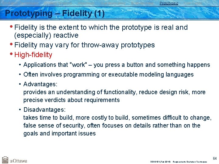 Elicitation Techniques Existing Systems Interviews Questionnaires Brainstorming Prototyping Use Cases Prototyping – Fidelity (1)