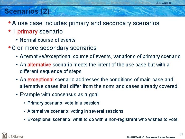 Elicitation Techniques Existing Systems Interviews Questionnaires Brainstorming Prototyping Use Cases Scenarios (2) • A