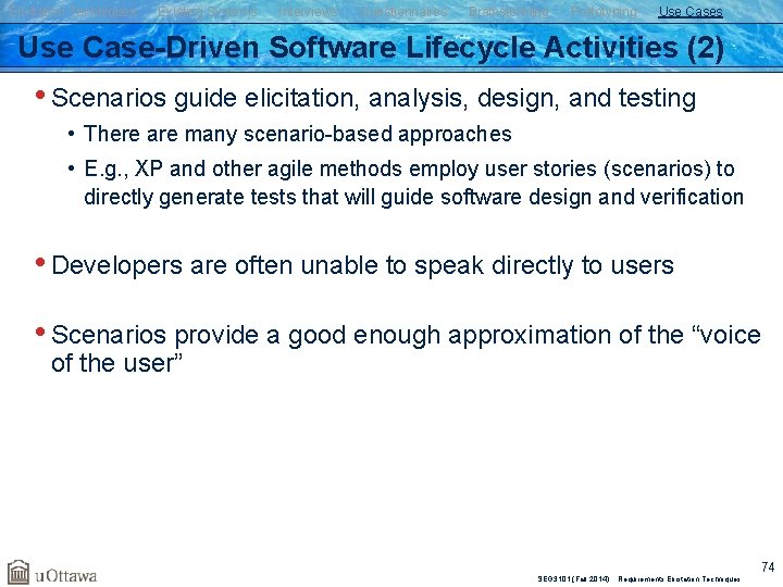 Elicitation Techniques Existing Systems Interviews Questionnaires Brainstorming Prototyping Use Cases Use Case-Driven Software Lifecycle