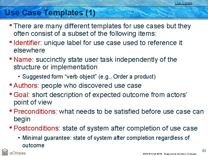 Elicitation Techniques Existing Systems Interviews Questionnaires Brainstorming Prototyping Use Cases Use Case Templates (1)