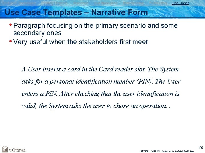 Elicitation Techniques Existing Systems Interviews Questionnaires Brainstorming Prototyping Use Cases Use Case Templates –