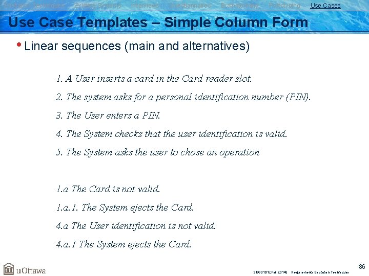 Elicitation Techniques Existing Systems Interviews Questionnaires Brainstorming Prototyping Use Cases Use Case Templates –