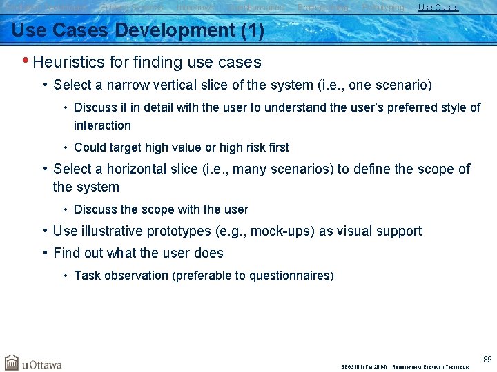 Elicitation Techniques Existing Systems Interviews Questionnaires Brainstorming Prototyping Use Cases Development (1) • Heuristics