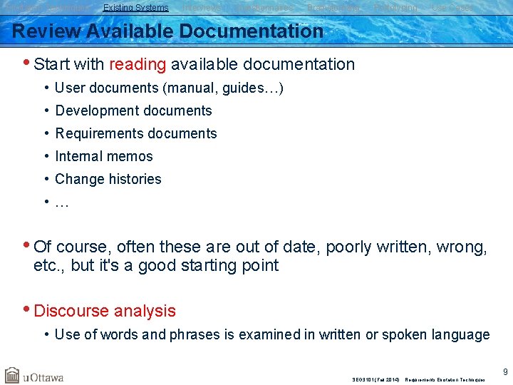 Elicitation Techniques Existing Systems Interviews Questionnaires Brainstorming Prototyping Use Cases Review Available Documentation •