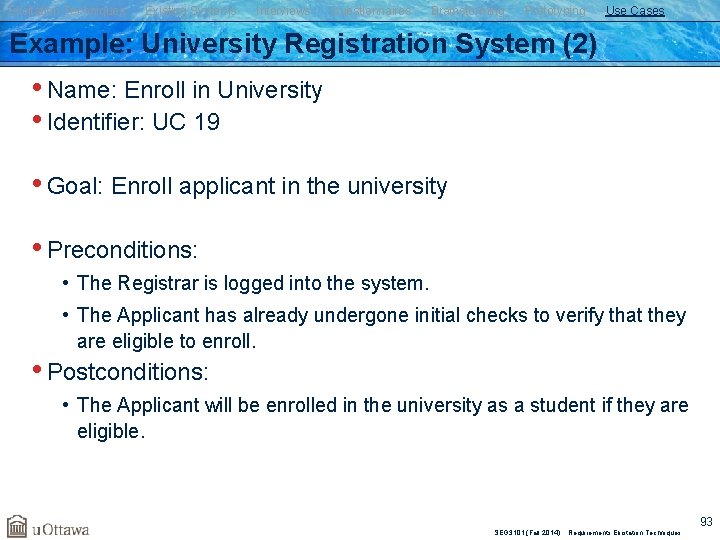 Elicitation Techniques Existing Systems Interviews Questionnaires Brainstorming Prototyping Use Cases Example: University Registration System