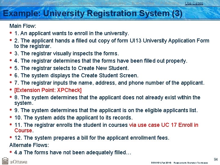 Elicitation Techniques Existing Systems Interviews Questionnaires Brainstorming Prototyping Use Cases Example: University Registration System