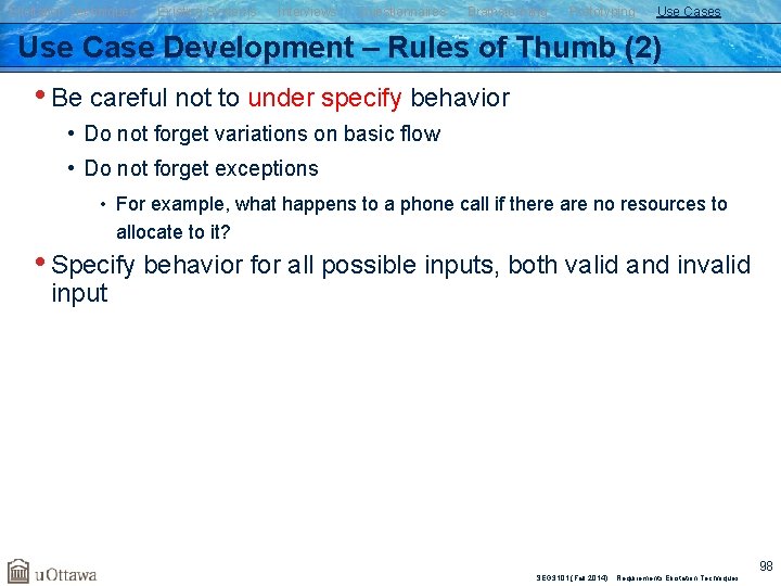 Elicitation Techniques Existing Systems Interviews Questionnaires Brainstorming Prototyping Use Cases Use Case Development –