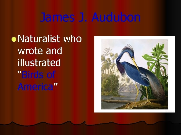 James J. Audubon l Naturalist wrote and illustrated “Birds of America” who 