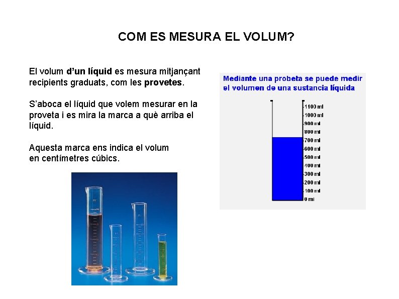 COM ES MESURA EL VOLUM? El volum d’un líquid es mesura mitjançant recipients graduats,