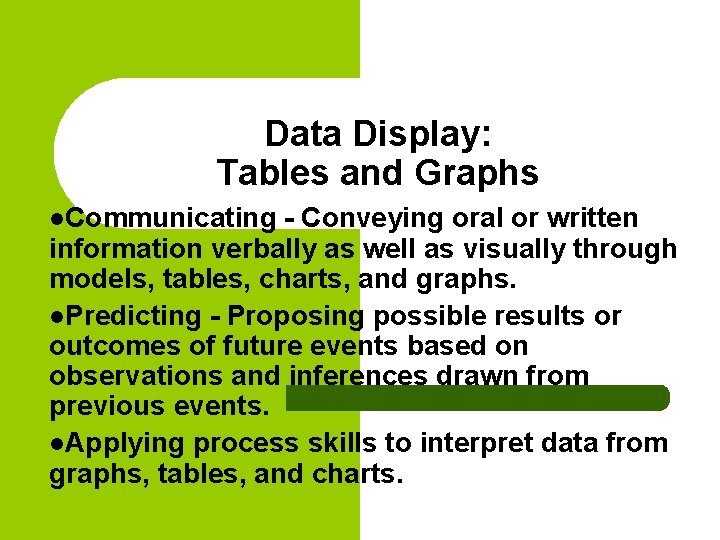 Data Display: Tables and Graphs l. Communicating - Conveying oral or written information verbally