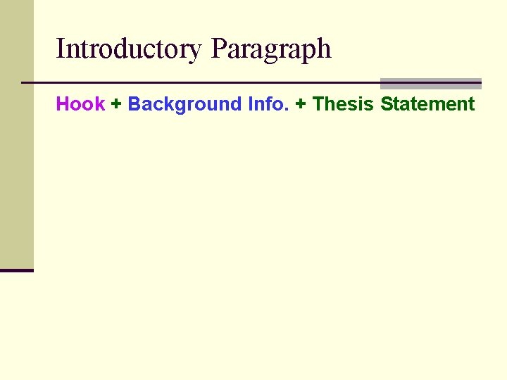 Introductory Paragraph Hook + Background Info. + Thesis Statement 