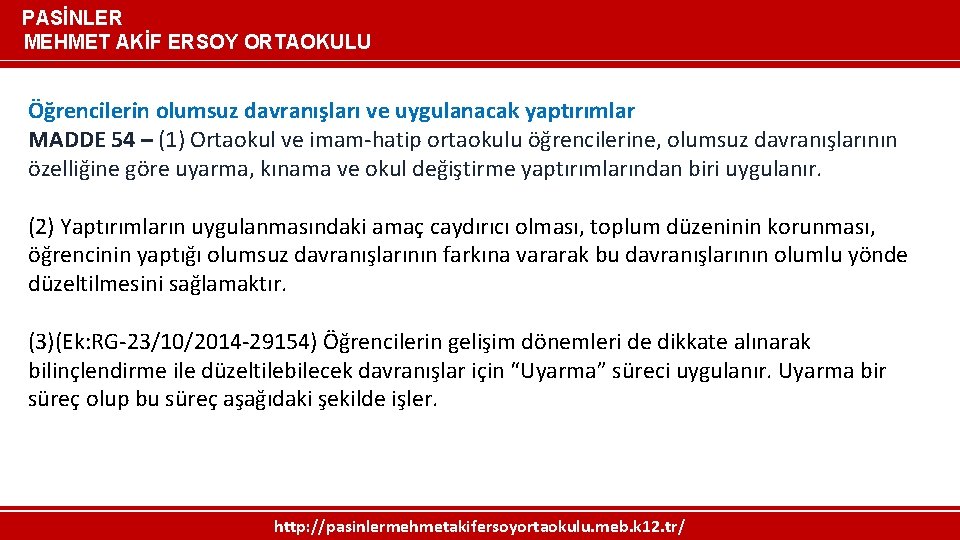 PASİNLER MEHMET AKİF ERSOY ORTAOKULU Öğrencilerin olumsuz davranışları ve uygulanacak yaptırımlar MADDE 54 –