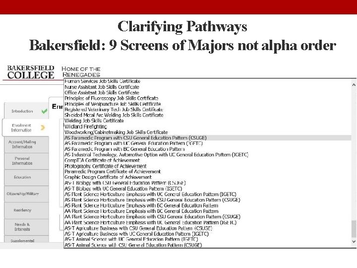 Clarifying Pathways Bakersfield: 9 Screens of Majors not alpha order 