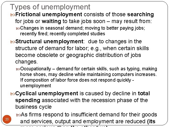 Types of unemployment Frictional unemployment consists of those searching for jobs or waiting to