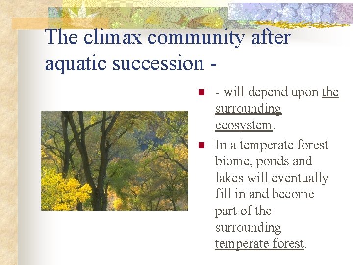 The climax community after aquatic succession n n - will depend upon the surrounding