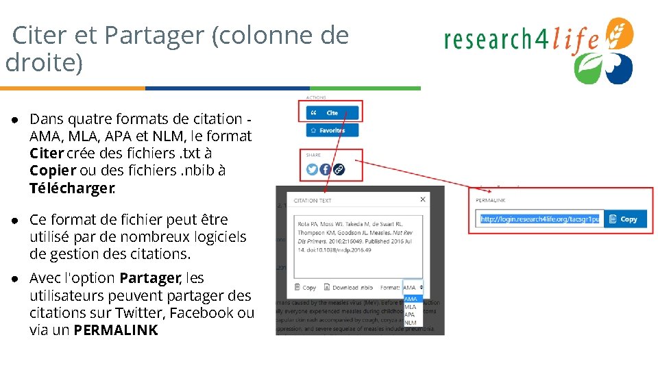 Citer et Partager (colonne de droite) ● Dans quatre formats de citation AMA, MLA,