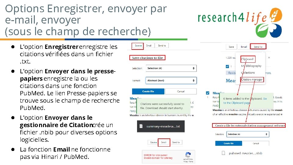 Options Enregistrer, envoyer par e-mail, envoyer (sous le champ de recherche) ● L'option Enregistrer