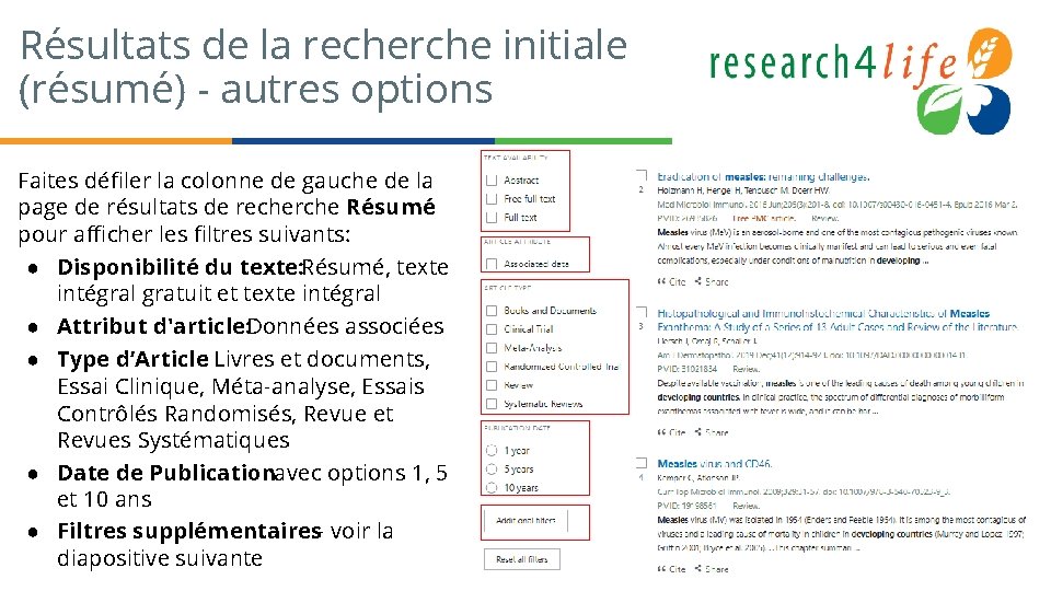 Résultats de la recherche initiale (résumé) - autres options Faites défiler la colonne de