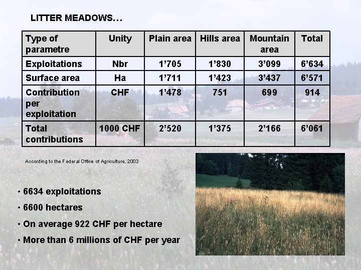 LITTER MEADOWS… Type of parametre Unity Plain area Hills area Mountain area Total Exploitations LITTER MEADOWS… Type of parametre Unity Plain area Hills area Mountain area Total Exploitations
