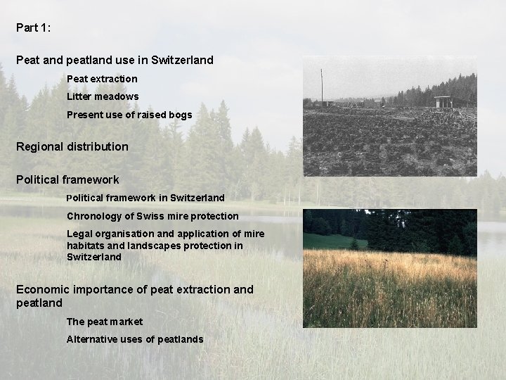 Part 1: Peat and peatland use in Switzerland Peat extraction Litter meadows Present use Part 1: Peat and peatland use in Switzerland Peat extraction Litter meadows Present use