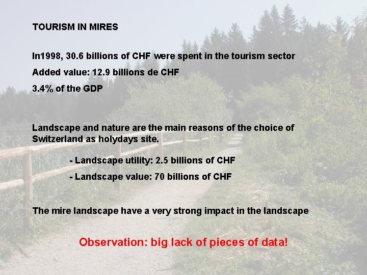 TOURISM IN MIRES In 1998, 30. 6 billions of CHF were spent in the TOURISM IN MIRES In 1998, 30. 6 billions of CHF were spent in the