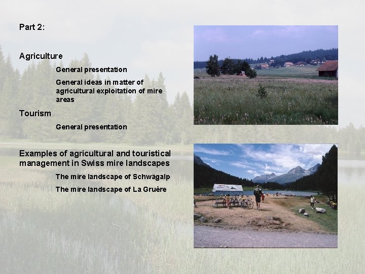 Part 2: Agriculture General presentation General ideas in matter of agricultural exploitation of mire Part 2: Agriculture General presentation General ideas in matter of agricultural exploitation of mire