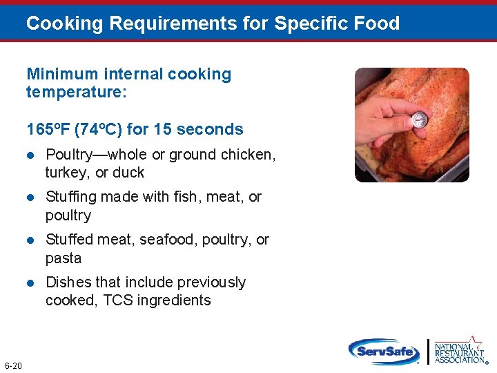 Cooking Requirements for Specific Food Minimum internal cooking temperature: 165ºF (74ºC) for 15 seconds